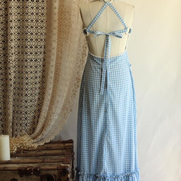 Vintage 1970s Dress with Pockets, Blue Gingham Prairie Maxidress Pinafore - Picture 9 of 10